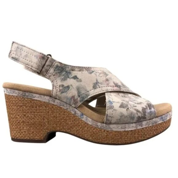 Clarks Giselle Cove Beige Floral Sandals Slingback Neutral Cork Wedges Size 11 - Picture 1 of 16